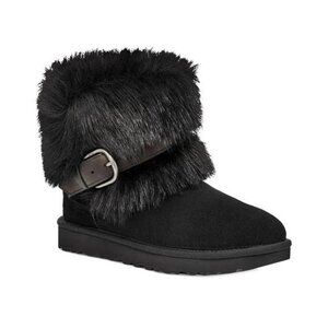 UGG Womens Sz 9 Black Classic Buckle Mini Boot Suede Leather with Faux Fur
